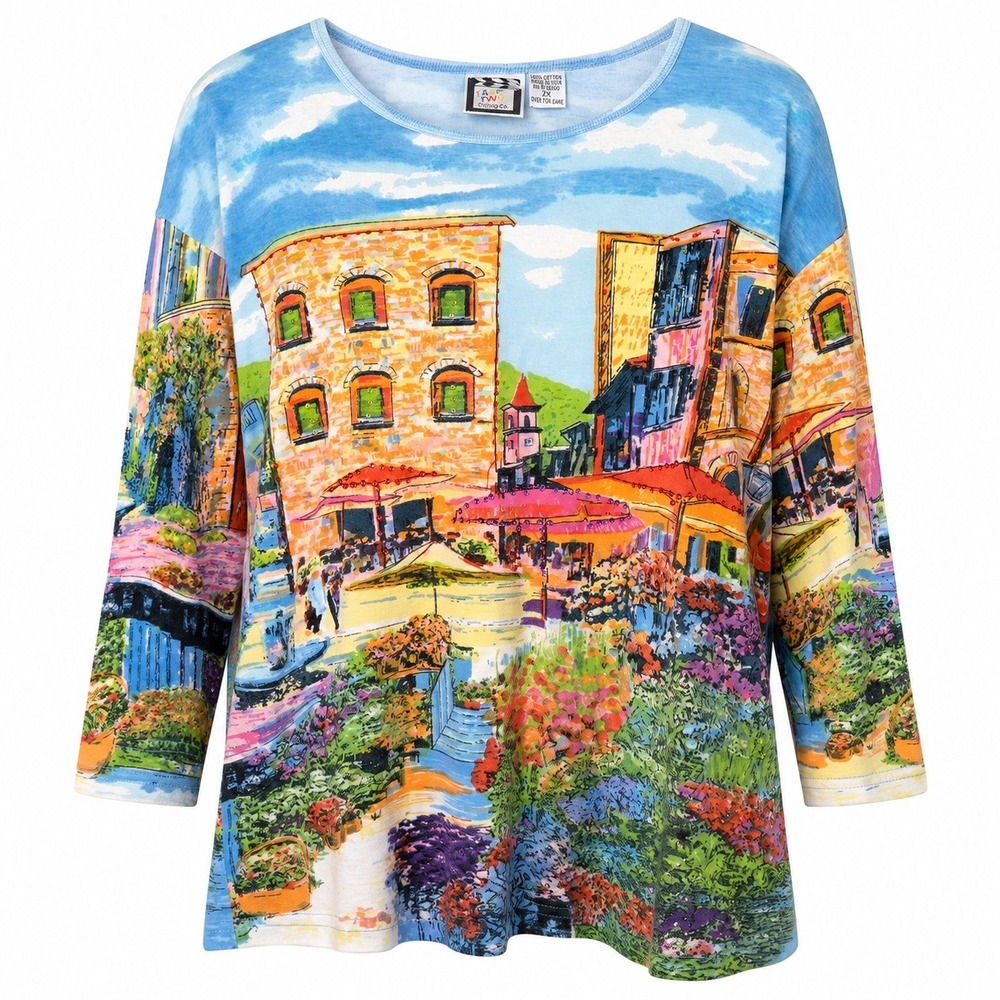 Take Two Clothing Co Scenic Village Top Womens 2X Multicolor Sequin Art Top